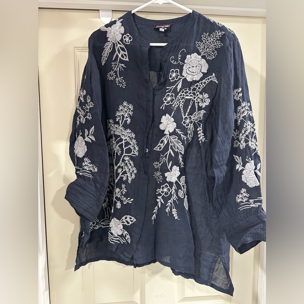 Johnny Was Navy embroidered top